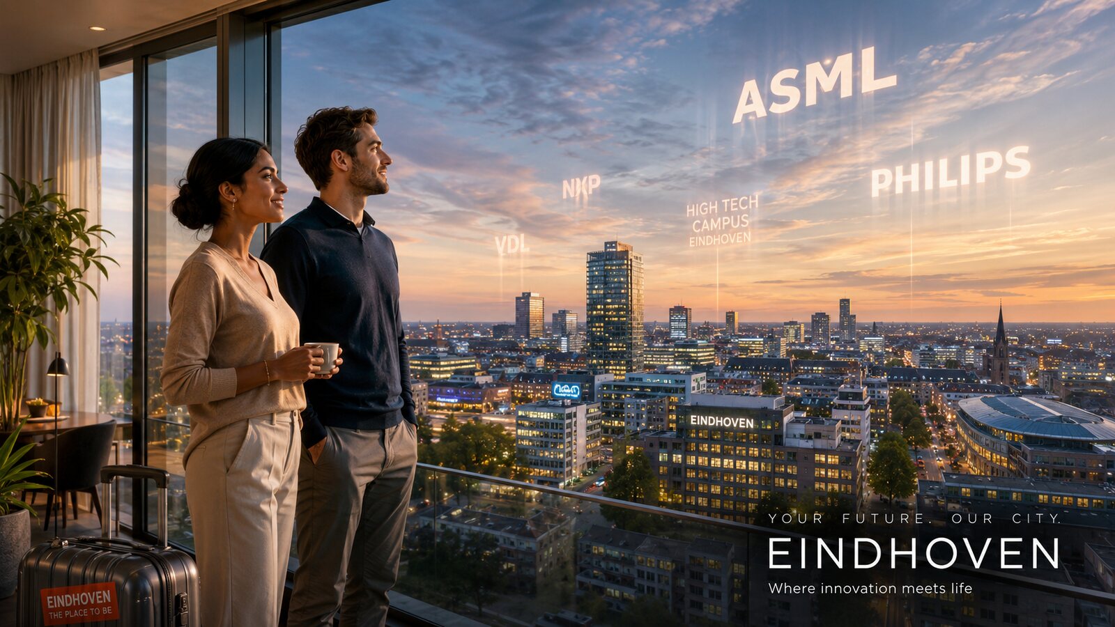 International couple looking out over the Eindhoven skyline at dusk